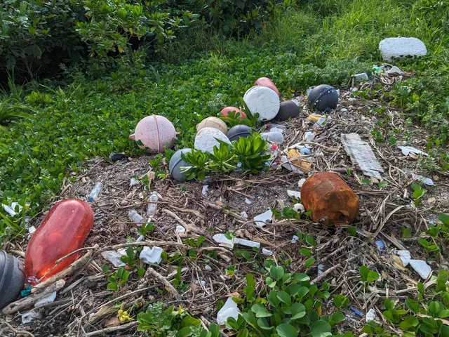 The image shows a pile of trash sitting on top of a lush green field, surrounded by plants and...