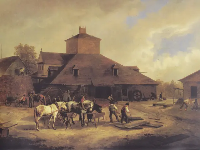 The image shows a painting of a farm scene with horses and people in front of a building,...