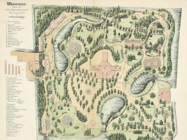 The image shows an old map of a park with a lot of trees, plants, and buildings, as well as text on...