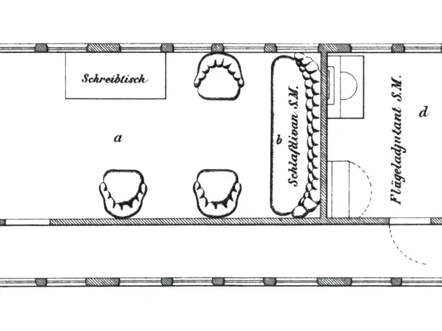 The image shows a drawing of a floor plan of a house with a kitchen and living room. It is a...