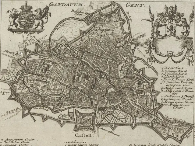 The image shows an old map of the city of Ghent, Belgium, with text and images on a paper. The map...