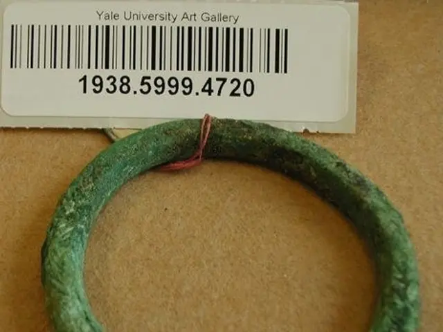 The image shows a green bracelet with a barcode on it sitting on a brown surface. The bracelet is...