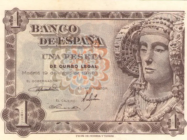 The image shows an old Spanish banknote with a picture of a woman on it. The woman is wearing a...