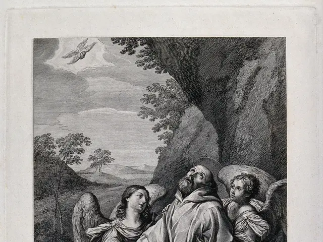 The image shows a black and white engraving of St Francis of Assisi with two angels, surrounded by...