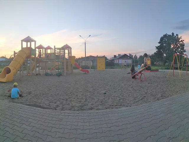 The image shows a group of children playing in the sand at a playground surrounded by houses,...