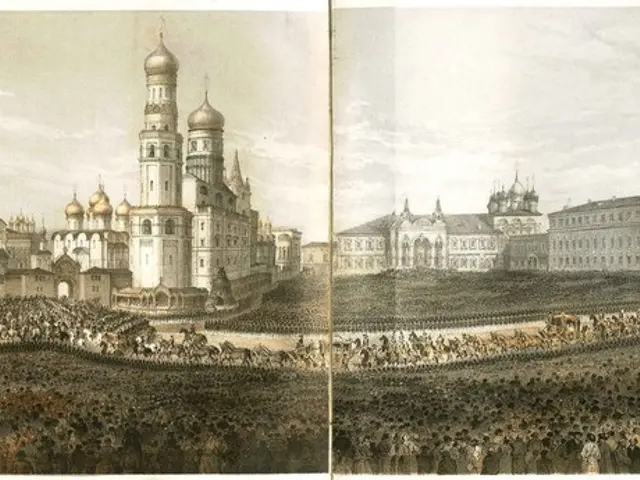 The image shows an open book with a drawing of a cityscape, featuring buildings, people, a bridge,...