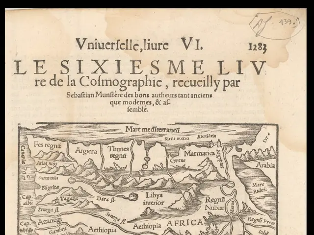 The image shows an old book with a black background and a map of Africa on it. The map is detailed...