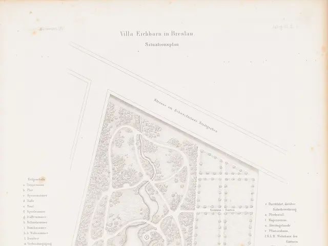 The image shows an old book with a map of a park on it. The map is detailed and shows the various...