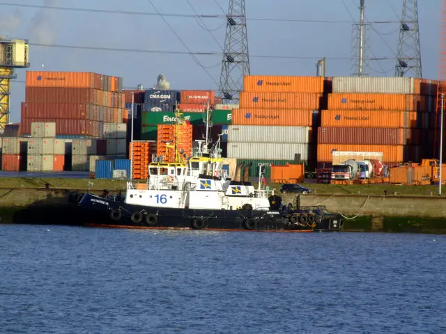 The image shows a tug boat in the water near a large container ship. In the background, there are...