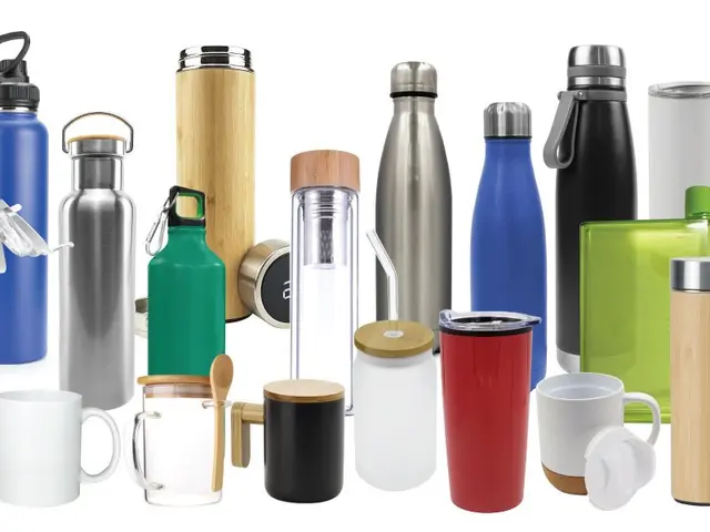 The image shows a variety of stainless steel water bottles and mugs of different colors and sizes,...