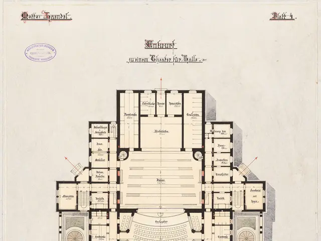 The image shows a drawing of a floor plan of a building with a lot of rooms, including a theater....
