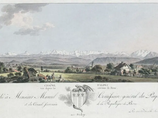 The image shows a view of the Alps from the top of a hill, with trees, houses, people, grass,...