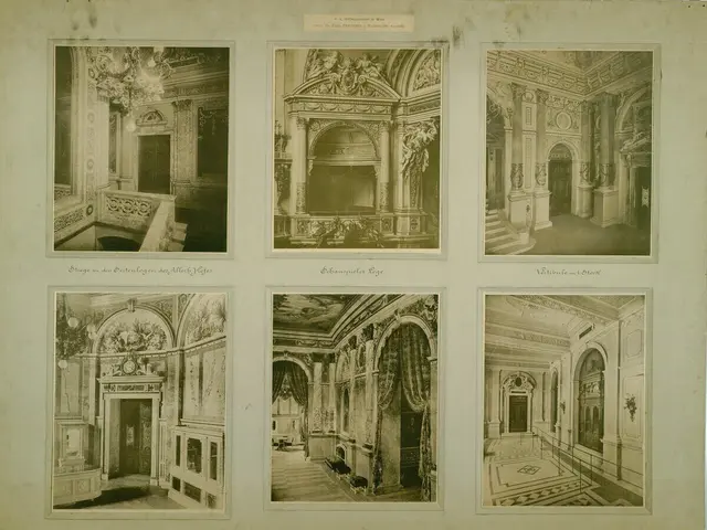 The image shows a black and white photo of a room with six pictures of the interior of a building....