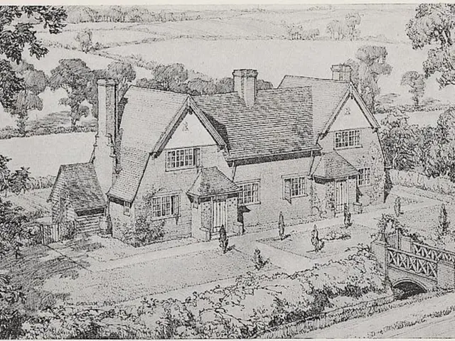 The image shows a black and white drawing of a house in the middle of a field, surrounded by trees,...