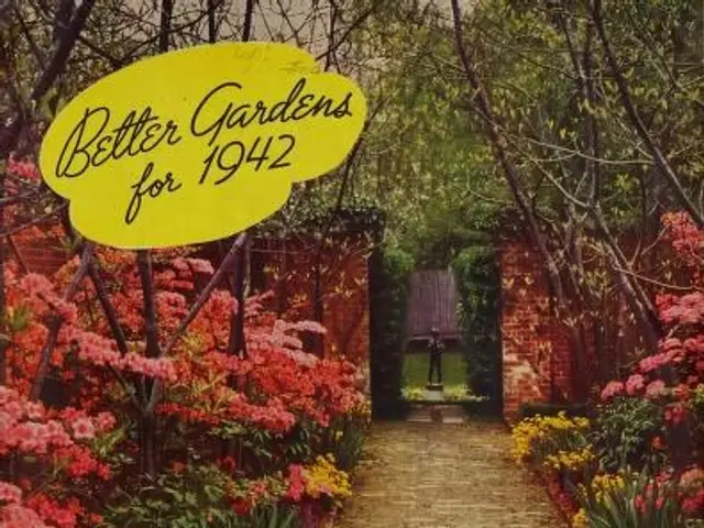 The image shows a poster of a walkway lined with plants and flowers on either side, with trees and...