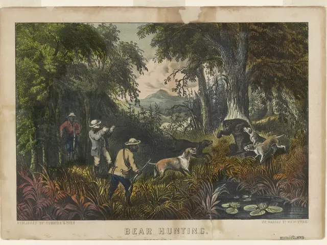 The image shows a painting of a bear hunting scene in the woods, with people, animals, plants,...