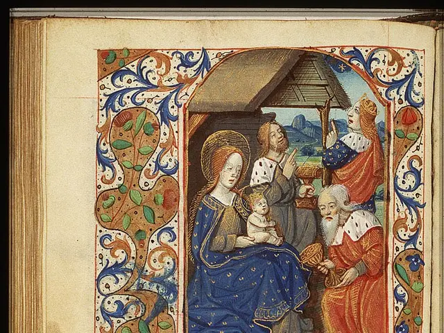 The image shows an illuminated manuscript with an image of the Virgin Mary and Child enthroned with...
