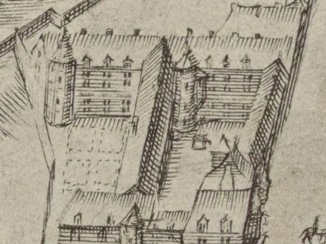 The image shows a drawing of a city with a lot of buildings, including a house in the center. The...