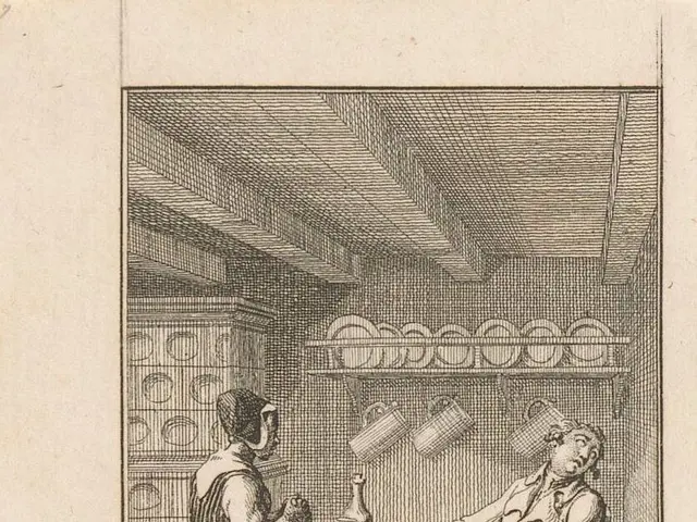 The image shows an engraving of a man sitting at a table in a kitchen, with a woman standing beside...