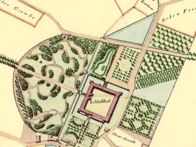 The image shows an old map of the city of Hamburg, Germany, with trees, plants, and a building in...