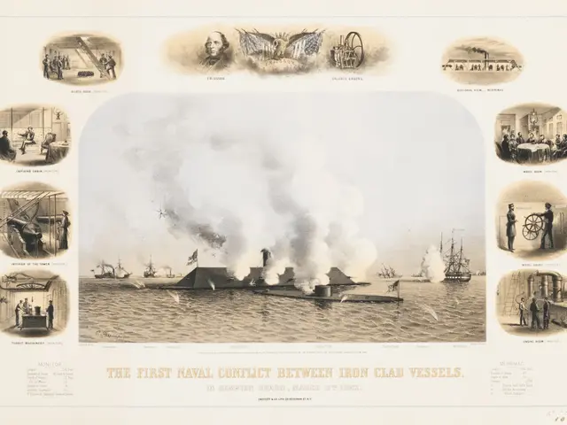 The image shows a poster depicting the first naval conflict between ironclad vessels. It features...