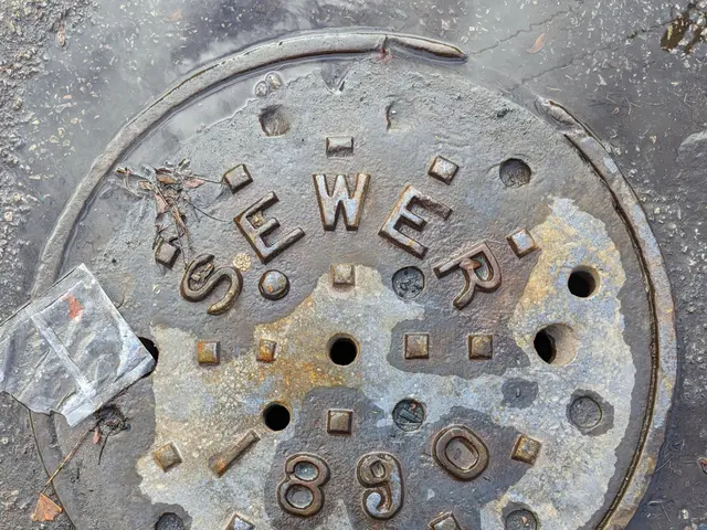 The image shows a manhole cover on the ground with the word "sewer" written on it. There is a...