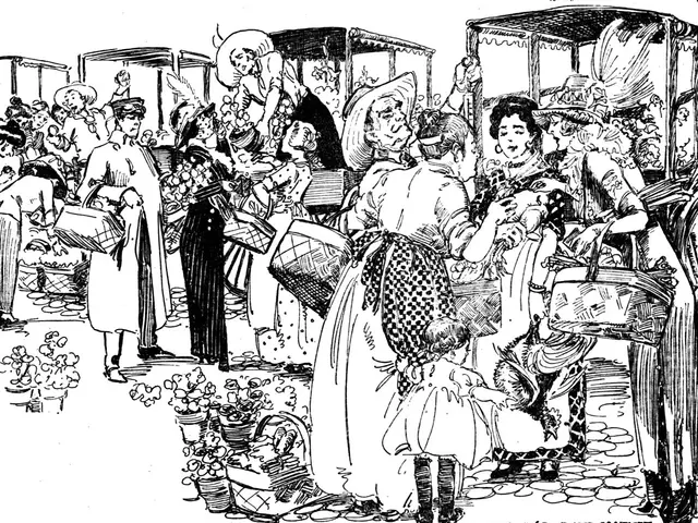 The image shows a black and white drawing of a crowd of people at a market, with some of them...