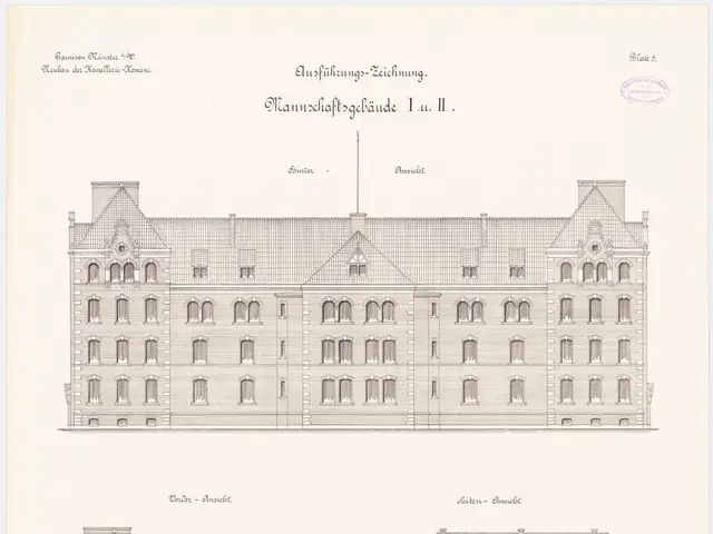 The image shows a drawing of a building with a lot of windows, which is the main facade of the...
