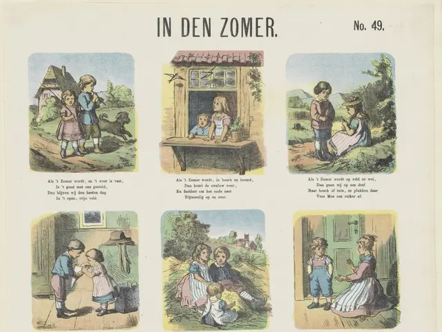 The image shows a paper with pictures of children playing in the garden, accompanied by text. The...