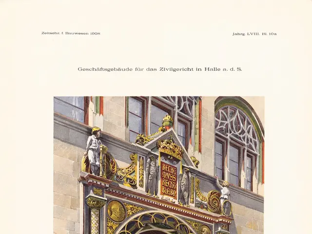 The image shows an old building with a large archway in front of it, adorned with sculptures and...