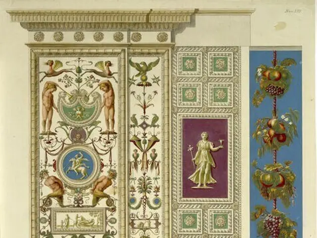 The image shows a painting on the wall of a room with a variety of designs, including pictures of...