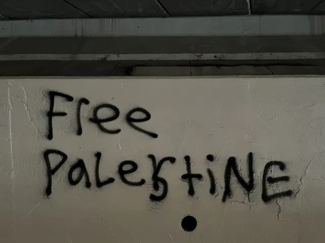 The image shows a wall with the words "free palestine" written on it in black graffiti, illuminated...