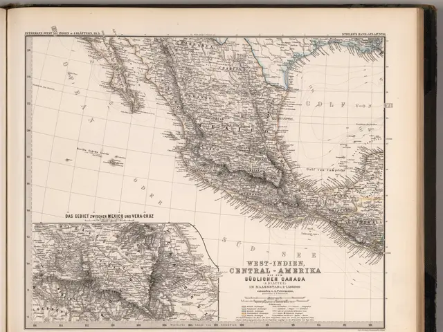 The image shows an open book with a map of the United States and Mexico on it. The map is detailed...