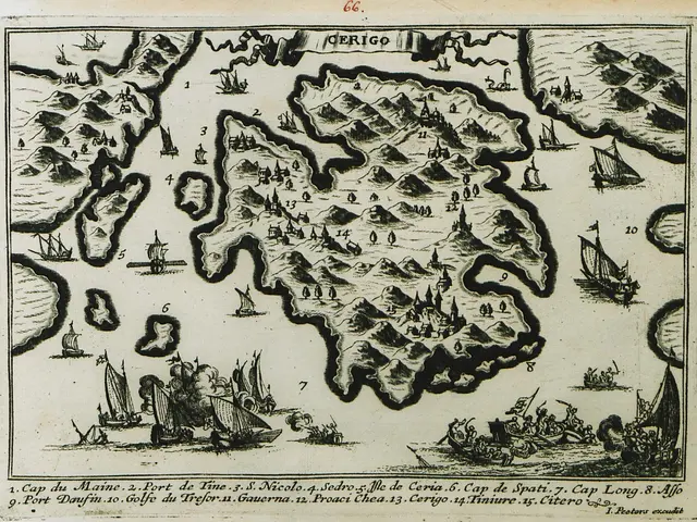 The image shows a paper with a map of the island of Guernsey, with boats and people depicted on it....