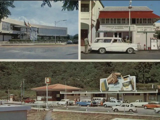 The image shows an old photo of a gas station with cars parked in front of it, surrounded by...