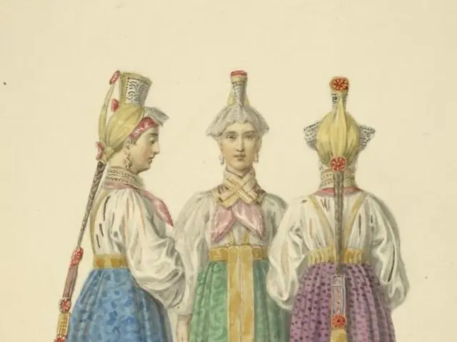 The image shows three women in traditional Russian clothing standing side by side. They are wearing...