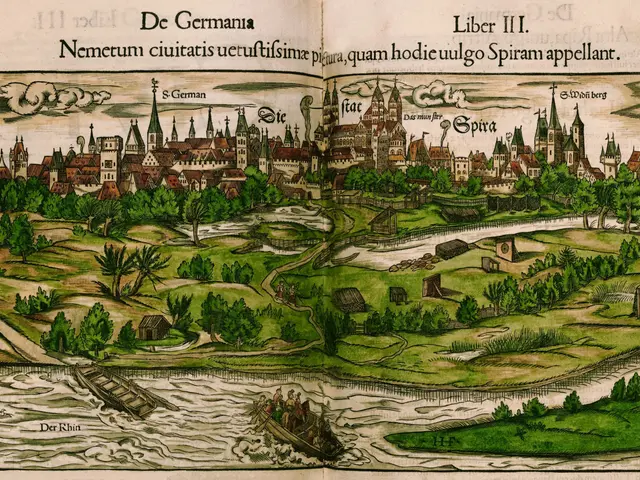 The image shows an open book with a drawing of a city on it, featuring trees, buildings, grass,...