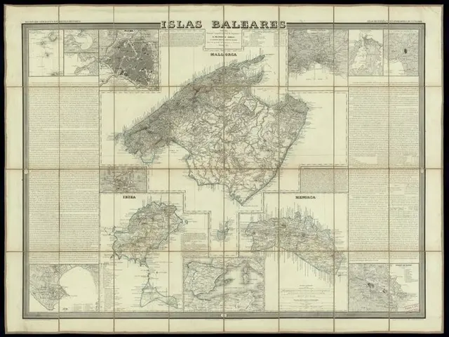 The image shows an old map of the island of Balearic Islands, with a black background. The map is...