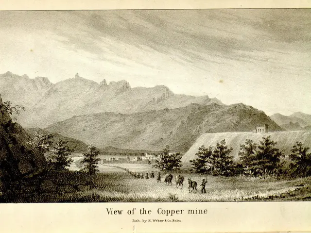 The image shows a view of the copper mine, with trees, people, hills, and a sky in the background....