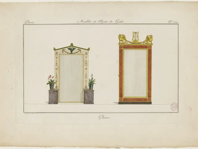 The image shows a drawing of a room with a mirror and a vase of flowers. The room is decorated with...