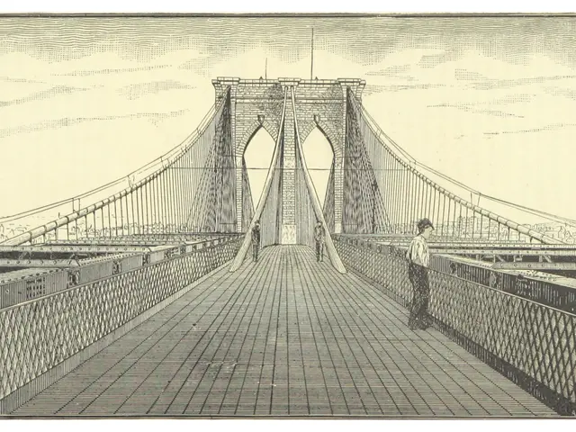 The image shows a drawing of the Brooklyn Bridge in New York City, with people walking across it....