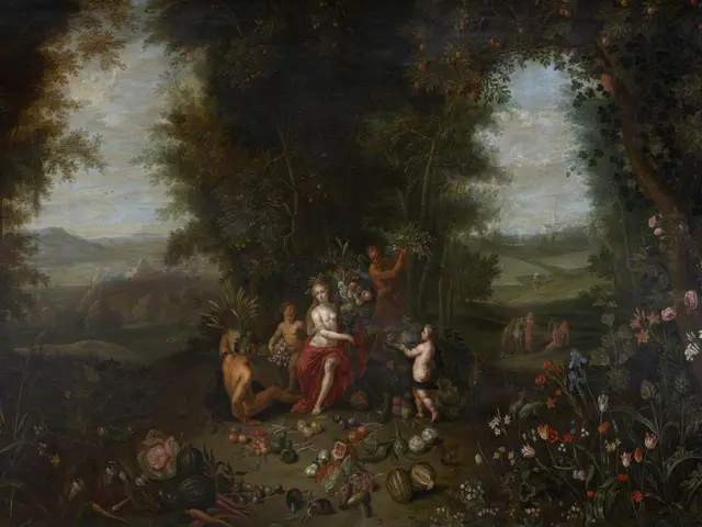 The image shows a painting of a wooded landscape with a group of people in the foreground,...
