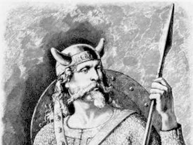 The image shows a black and white drawing of a viking wearing a helmet and holding a spear. The...