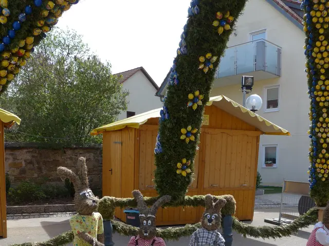 The image shows a group of Easter bunnies standing in front of a wooden fence, surrounded by toys,...