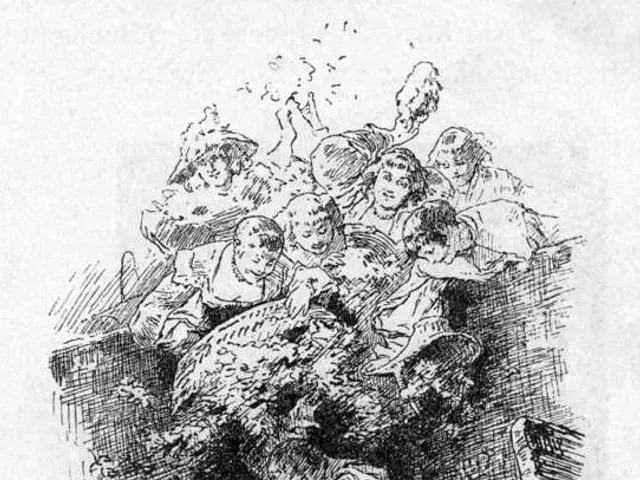 The image shows a black and white drawing of a group of people in a room, with the words "The Death...