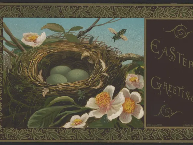 The image shows an old fashioned Easter card with a bird's nest filled with eggs, surrounded by...