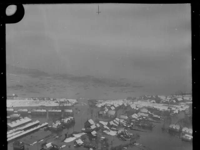 The image shows a black and white photo of a flooded town with houses, trees, and water. At the...