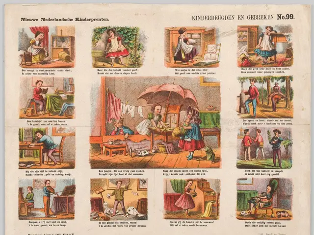 The image shows an old book with a variety of pictures of children playing in the garden. The paper...