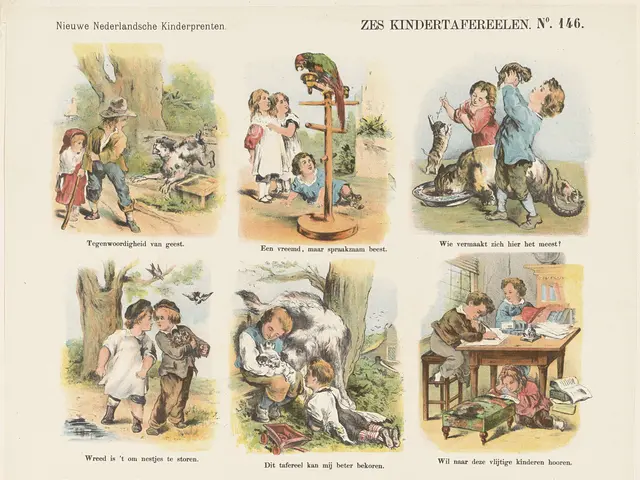 The image shows an old book with illustrations of children playing in the woods, surrounded by...