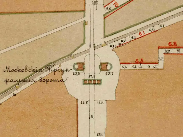 The image shows an old map of the city of Moscow, Russia, with lines, numbers, and text indicating...